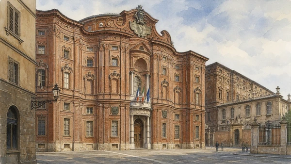 Original documentary watercolour of Palazzo Carignano: a curved brick palace in a narrow city in Turin · Piedmont, showing accurate architecture, landscape, people and present-day use