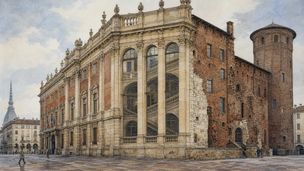 Original documentary watercolour of Palazzo Madama: Juvarra's stair as urban theatre in Turin · Piedmont, showing accurate architecture, landscape, people and present-day use