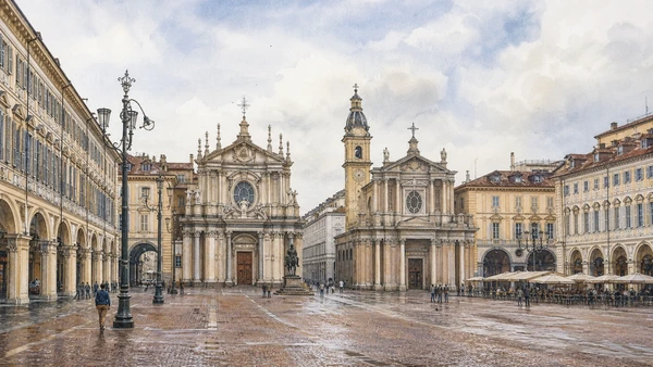 Original documentary watercolour of Piazza San Carlo: paired churches and a ceremonial room in Turin · Piedmont, showing accurate architecture, landscape, people and present-day use
