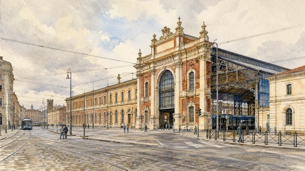 Original documentary watercolour of Porta Nuova: railway gate on the planned southern axis in Turin · Piedmont, showing accurate architecture, landscape, people and present-day use