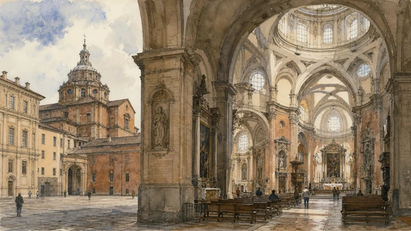 Original documentary watercolour of San Lorenzo: Guarini's dome concealed behind the square in Turin · Piedmont, showing accurate architecture, landscape, people and present-day use