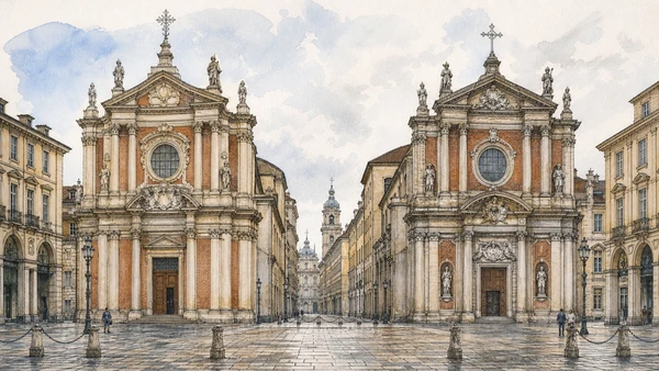 Original documentary watercolour of Santa Cristina and San Carlo: similar fronts, different buildings in Turin · Piedmont, showing accurate architecture, landscape, people and present-day use