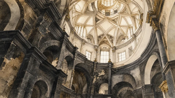 Original documentary watercolour of The Shroud Chapel: structure rebuilt after catastrophe in Turin · Piedmont, showing accurate architecture, landscape, people and present-day use