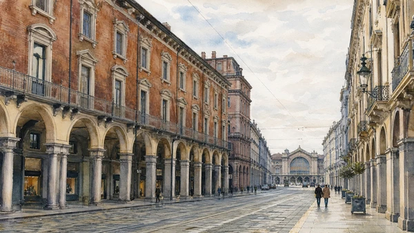 Original documentary watercolour of Via Roma: a historic court axis remade in the twentieth century in Turin · Piedmont, showing accurate architecture, landscape, people and present-day use