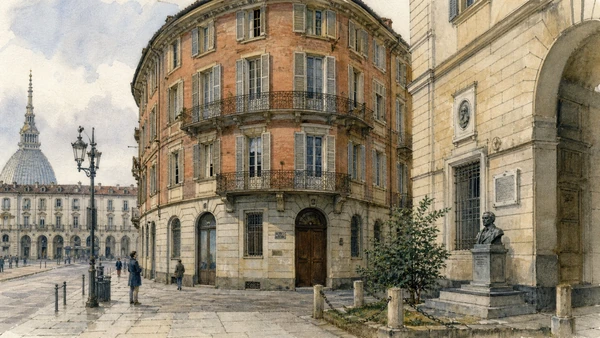 Original documentary watercolour of Cavour in Turin: residence, ministry and constructed memory in Turin · Piedmont, showing accurate architecture, landscape, people and present-day use