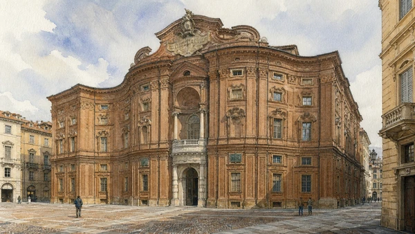 Original documentary watercolour of Palazzo Carignano's Baroque façade: dynasty in curved brick in Turin · Piedmont, showing accurate architecture, landscape, people and present-day use