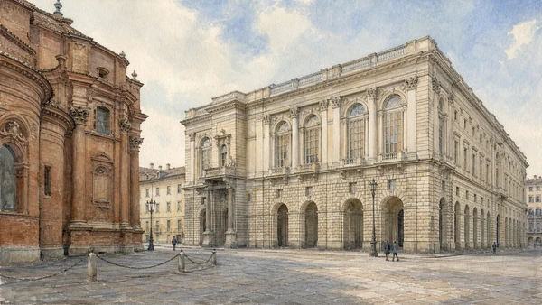 Original documentary watercolour of The Italian Parliament wing: expansion that arrived too late in Turin · Piedmont, showing accurate architecture, landscape, people and present-day use
