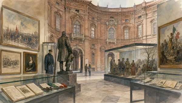 Original documentary watercolour of National Museum of the Risorgimento: collection and interpretation in Turin · Piedmont, showing accurate architecture, landscape, people and present-day use