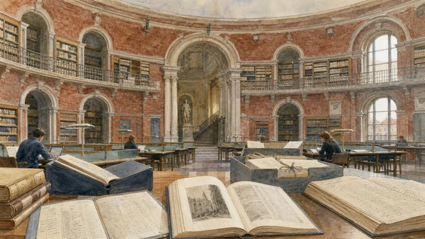 Original documentary watercolour of National University Library: knowledge, loss and reconstruction in Turin · Piedmont, showing accurate architecture, landscape, people and present-day use