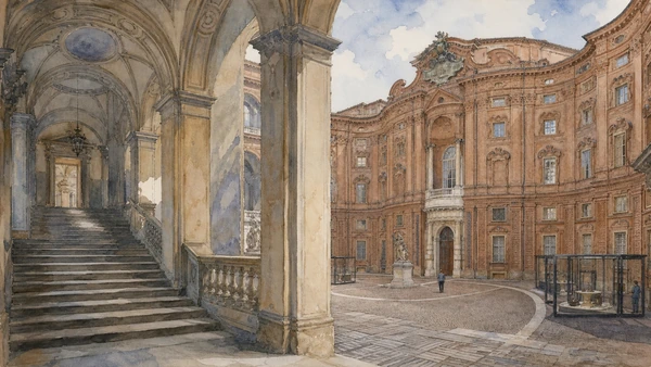 Original documentary watercolour of Courtyard and apartments: a residence before Parliament in Turin · Piedmont, showing accurate architecture, landscape, people and present-day use