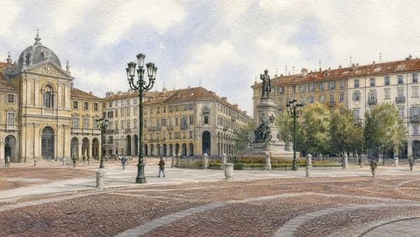 Original documentary watercolour of Piazza Carlo Emanuele II and national memory beyond one dynasty in Turin · Piedmont, showing accurate architecture, landscape, people and present-day use