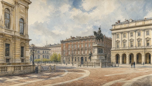 Original documentary watercolour of Piazza Carlo Alberto: a square built around historical revision in Turin · Piedmont, showing accurate architecture, landscape, people and present-day use