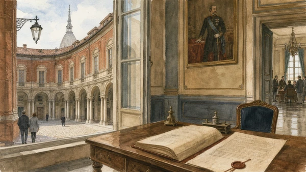 Original documentary watercolour of The Statuto Albertino: constitutional text and political limits in Turin · Piedmont, showing accurate architecture, landscape, people and present-day use