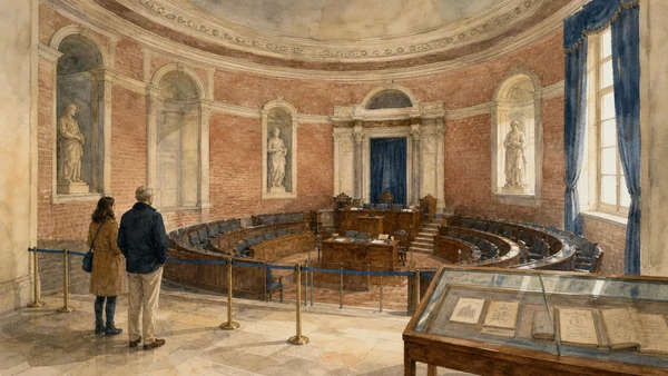 Original documentary watercolour of Subalpine Parliament chamber: constitutional politics in its original room in Turin · Piedmont, showing accurate architecture, landscape, people and present-day use