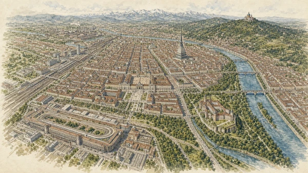 Original illustrated atlas of Turin with ten connected Roman, royal, civic, river, industrial and metropolitan territories