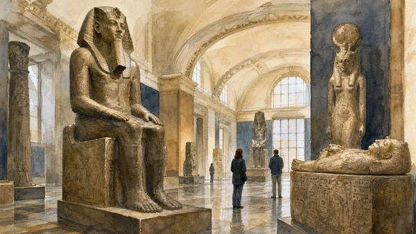 Original documentary watercolour of The Drovetti collection: diplomacy, market and missing contexts in Turin · Piedmont, showing accurate architecture, landscape, people and present-day use