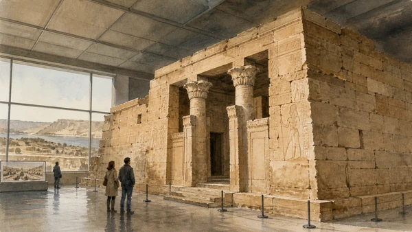 Original documentary watercolour of Temple of Ellesiya: rescue, donation and relocation in Turin · Piedmont, showing accurate architecture, landscape, people and present-day use