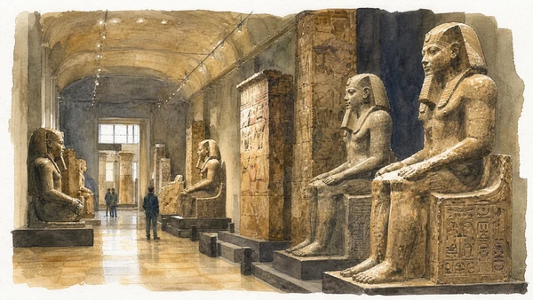 Original documentary watercolour of Gallery of Kings: monumentality under controlled light in Turin · Piedmont, showing accurate architecture, landscape, people and present-day use