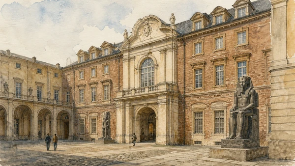 Original documentary watercolour of Palazzo dell'Accademia delle Scienze: a museum inside a learned institution in Turin · Piedmont, showing accurate architecture, landscape, people and present-day use