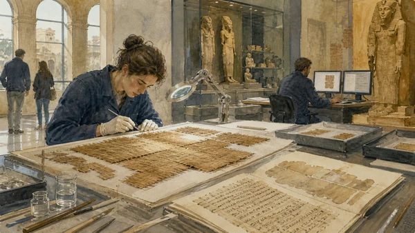 Original documentary watercolour of Papyri: language, fragments and the work of reconstruction in Turin · Piedmont, showing accurate architecture, landscape, people and present-day use