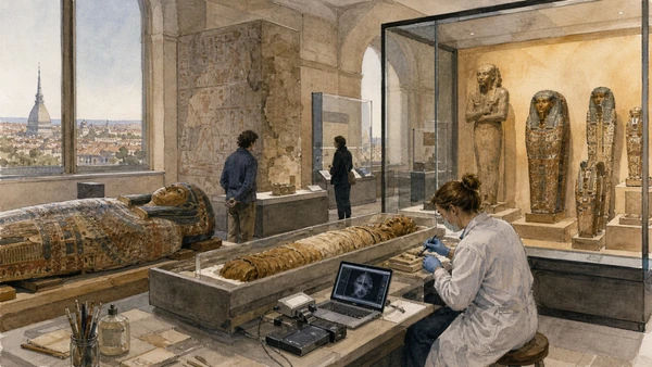 Original documentary watercolour of Research, conservation and human remains: the museum is still changing in Turin · Piedmont, showing accurate architecture, landscape, people and present-day use