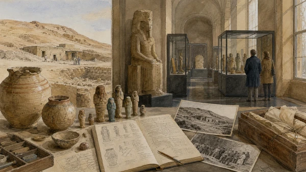 Original documentary watercolour of Schiaparelli's excavations: archaeology and archival context in Turin · Piedmont, showing accurate architecture, landscape, people and present-day use