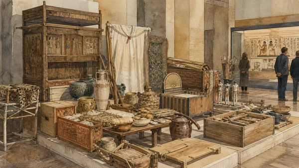 Original documentary watercolour of The tomb assemblage of Kha and Merit: a household, not a treasure list in Turin · Piedmont, showing accurate architecture, landscape, people and present-day use