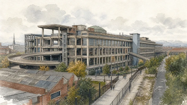 Original documentary watercolour of Lingotto's adaptive reuse: preservation through selective change in Turin · Piedmont, showing accurate architecture, landscape, people and present-day use