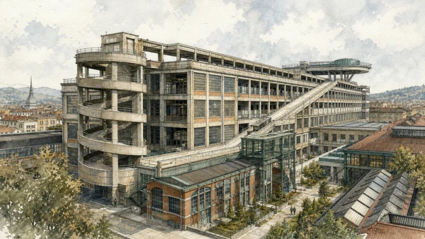 Original documentary watercolour of Lingotto factory: vertical production in reinforced concrete in Turin · Piedmont, showing accurate architecture, landscape, people and present-day use