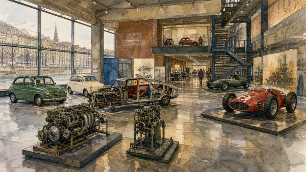Original documentary watercolour of MAUTO: automobile history beyond styling in Turin · Piedmont, showing accurate architecture, landscape, people and present-day use