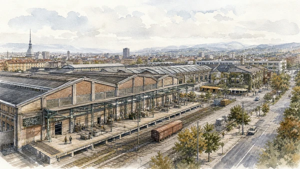 Original documentary watercolour of Former wholesale markets: food logistics beside the factory city in Turin · Piedmont, showing accurate architecture, landscape, people and present-day use