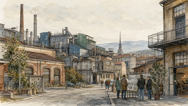 Original documentary watercolour of Migration and labour: the people omitted by the factory silhouette in Turin · Piedmont, showing accurate architecture, landscape, people and present-day use