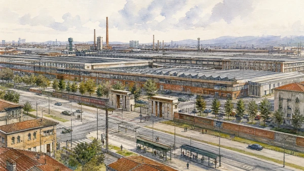 Original documentary watercolour of Mirafiori: horizontal mass production at metropolitan scale in Turin · Piedmont, showing accurate architecture, landscape, people and present-day use