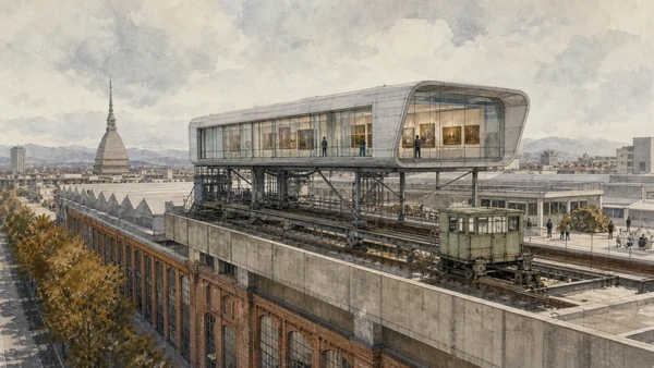 Original documentary watercolour of Pinacoteca Agnelli and the Scrigno: a private collection above industry in Turin · Piedmont, showing accurate architecture, landscape, people and present-day use