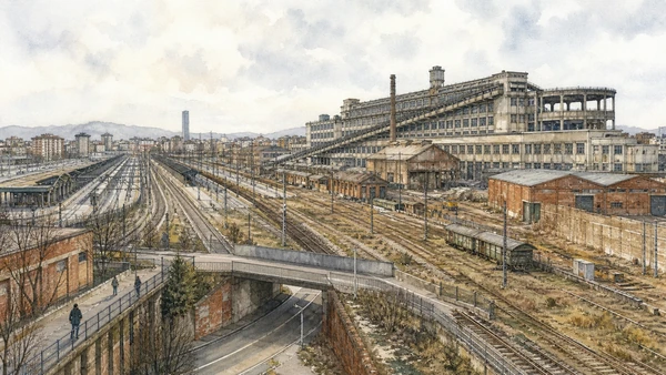 Original documentary watercolour of Lingotto railway and freight corridors: infrastructure behind the icon in Turin · Piedmont, showing accurate architecture, landscape, people and present-day use