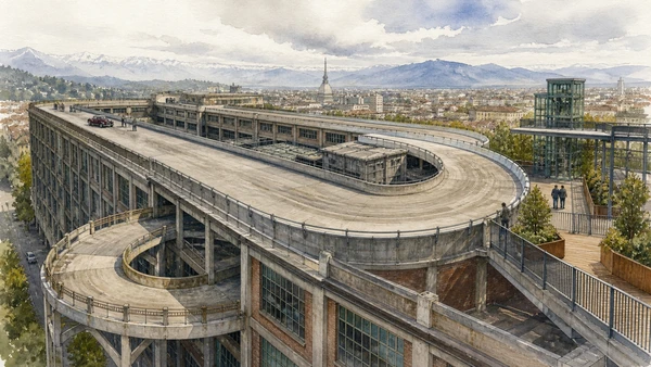 Original documentary watercolour of The rooftop track: testing above the factory in Turin · Piedmont, showing accurate architecture, landscape, people and present-day use