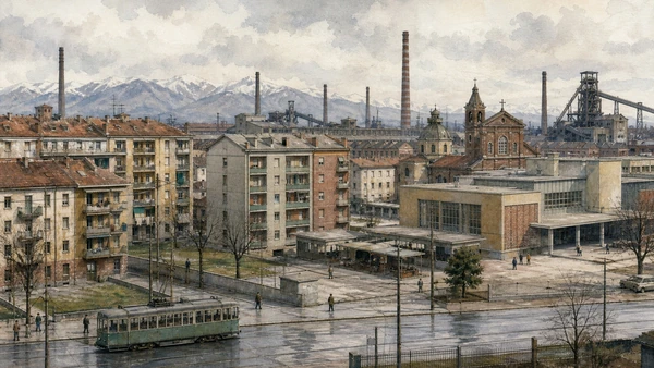Original documentary watercolour of Workers' districts: housing the industrial workforce in Turin · Piedmont, showing accurate architecture, landscape, people and present-day use