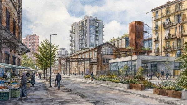 Original documentary watercolour of Aurora and Barriera di Milano: regeneration beside lived neighbourhoods in Turin · Piedmont, showing accurate architecture, landscape, people and present-day use