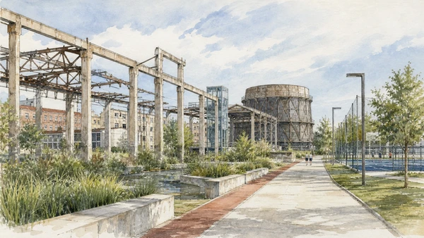 Original documentary watercolour of Parco Dora: public space within industrial remains in Turin · Piedmont, showing accurate architecture, landscape, people and present-day use