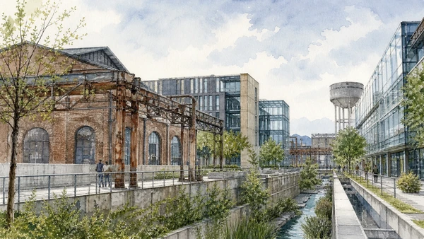 Original documentary watercolour of Environment Park and industrial transition in Turin · Piedmont, showing accurate architecture, landscape, people and present-day use