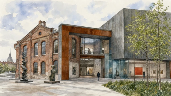 Original documentary watercolour of GAM: modern and contemporary art as a civic collection in Turin · Piedmont, showing accurate architecture, landscape, people and present-day use