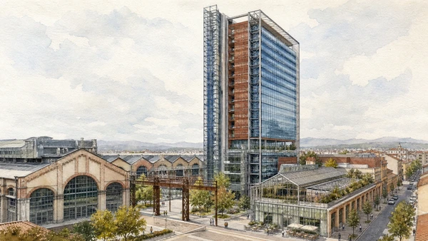 Original documentary watercolour of Intesa Sanpaolo tower: a new high-rise beside historic neighbourhoods in Turin · Piedmont, showing accurate architecture, landscape, people and present-day use