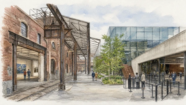 Original documentary watercolour of OGR today: culture, technology and managed access in Turin · Piedmont, showing accurate architecture, landscape, people and present-day use