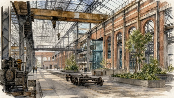 Original documentary watercolour of OGR: railway workshops before cultural reuse in Turin · Piedmont, showing accurate architecture, landscape, people and present-day use