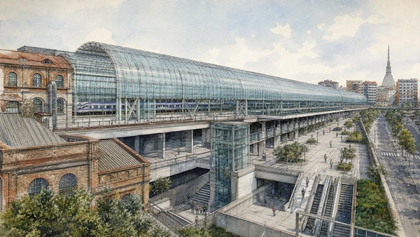 Original documentary watercolour of New Porta Susa: a glass railway gallery in Turin · Piedmont, showing accurate architecture, landscape, people and present-day use