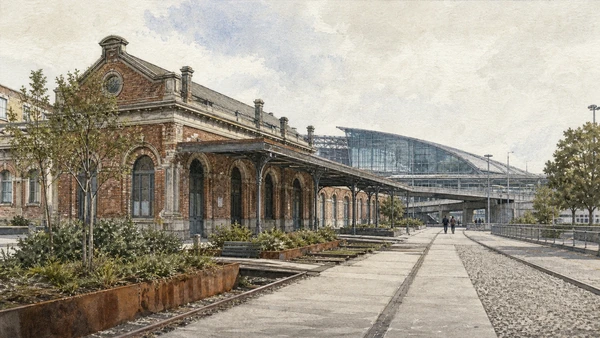 Original documentary watercolour of Old Porta Susa: a displaced station and unresolved threshold in Turin · Piedmont, showing accurate architecture, landscape, people and present-day use