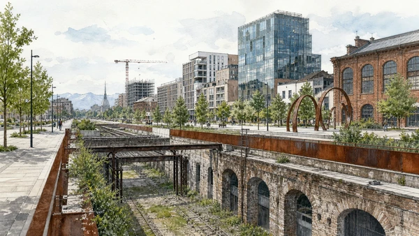 Original documentary watercolour of Spina Centrale: a railway barrier remade as boulevard in Turin · Piedmont, showing accurate architecture, landscape, people and present-day use