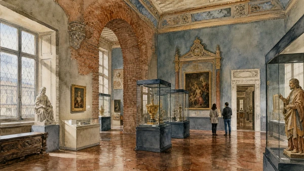 Original documentary watercolour of Palazzo Madama's civic collections: Turin beyond the court in Turin · Piedmont, showing accurate architecture, landscape, people and present-day use