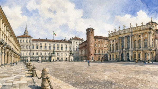Documentary watercolour for Piazza Castello, the Royal Palace and Palazzo Madama