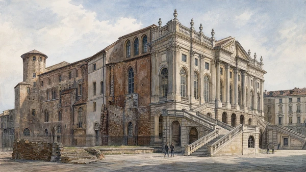 Original documentary watercolour of Juvarra's façade and staircase: an unfinished palace project in Turin · Piedmont, showing accurate architecture, landscape, people and present-day use